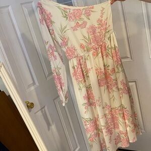 Showpo Pink/Green Floral Dress; THE CERISE MIDI DRESS IN CREAM FLORAL